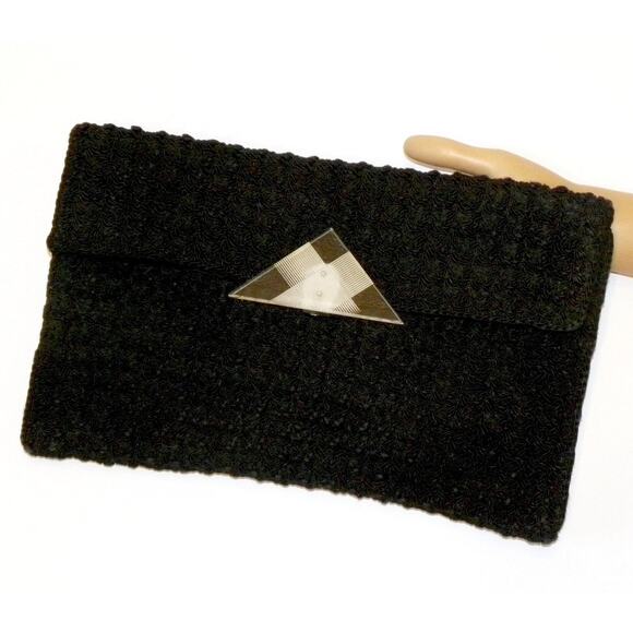 40's Large Black Cordé Envelope Clutch Bag w Lucite Decorative Clasp